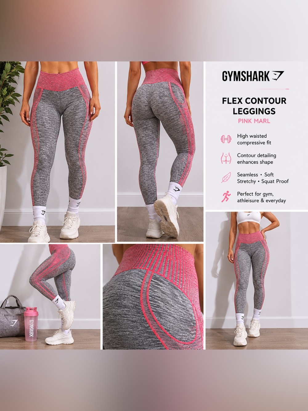 Gymshark Flex Contour Seamless Leggings Pink Marl High Waisted Activewear
